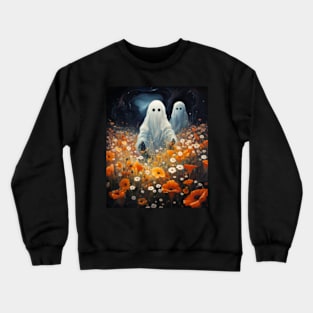 Two Ghosts In Flower Field Spooky Cute Halloween Art Ghost Crewneck Sweatshirt